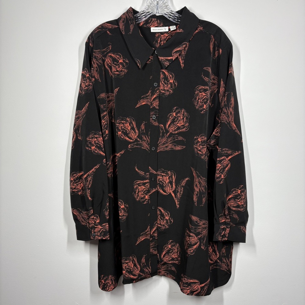 Susan Graver Women Dark Floral Button Up Tunic Top‎ Size 26W Black Coral Office